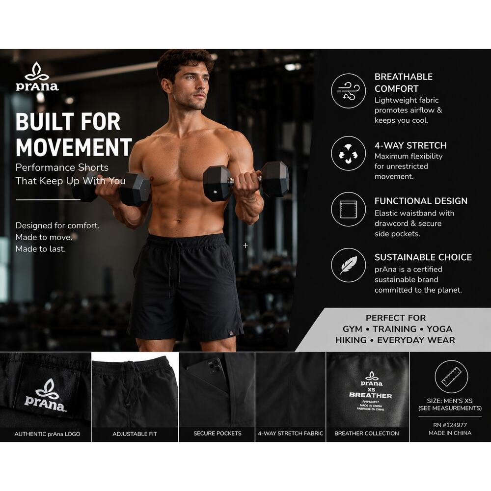 prAna Mens XS Black Athletic Gym Shorts Breathable Stretch Training Active